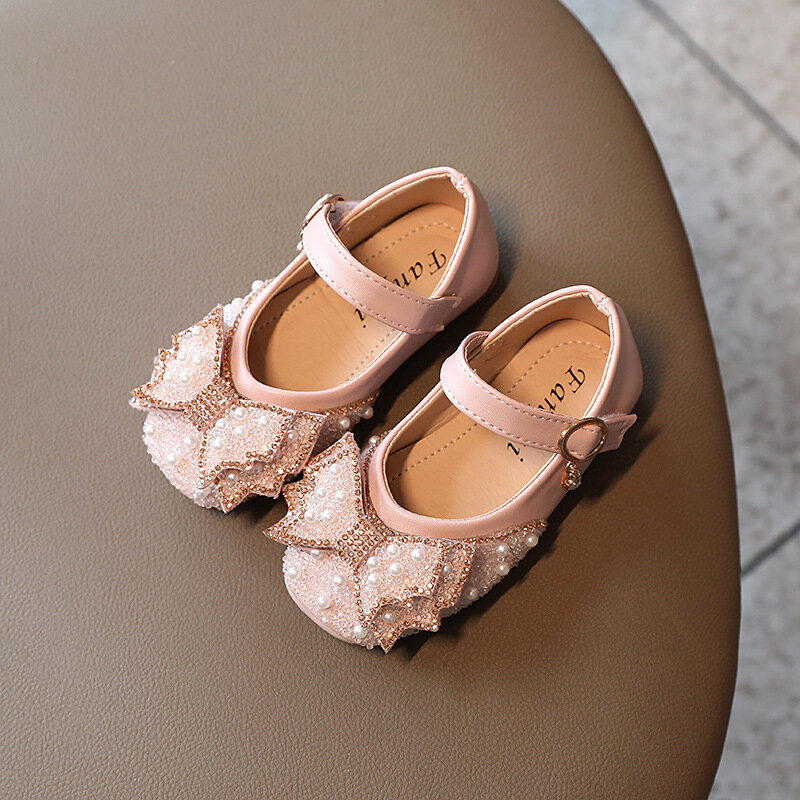 ربيع جديد الفتاة بو أحذية من الجلد فتاة صغيرة القوس حذاء من الكريستال صندل أنيق للأطفال حجر الراين اللؤلؤ الأميرة الأحذية