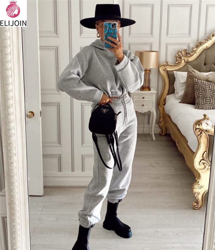 ELIJOIN Autumn and Winter New Fashion Long-sleeved Sports Suit Two-piece Casual Short Padded Hooded Sweater Two-piece Suit