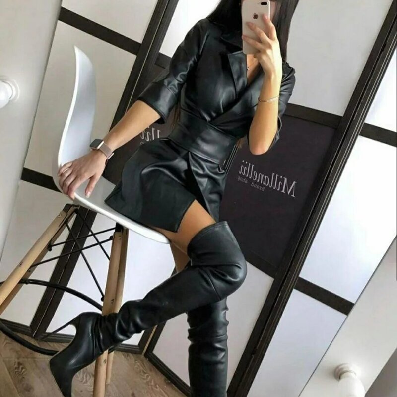2022 Autumn and Winter New Solid Color Pu Leather Suit Collar Long Sleeve Ladies Dress Leather Jacket with Belt