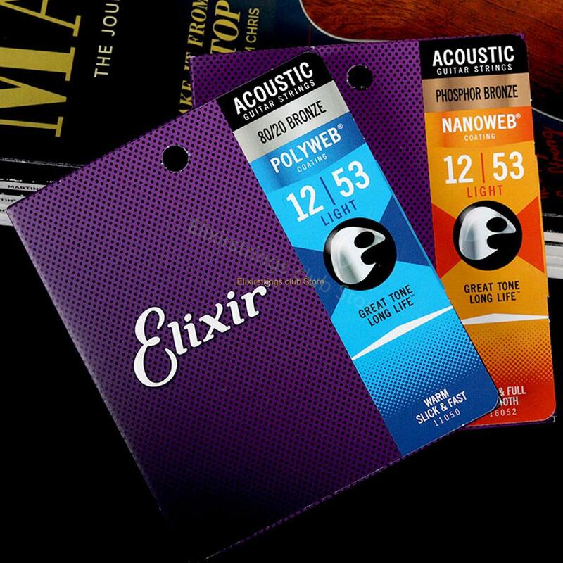 أوتار جيتار صوتي من Elixir بتصميم نانوويب رقيقة للغاية أوتار الغيتار الكهربائي بطلاء 11002 11052 16027 80/20 نيكل الفوسفور والبرونز