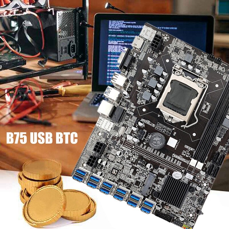 لوحة أم للتعدين B75 ETH 12 PCIE إلى USB3.0 + G1610 CPU + كابل التبديل + كابل SATA + RGB مروحة LGA1155 DDR3 B75 USB اللوحة الأم