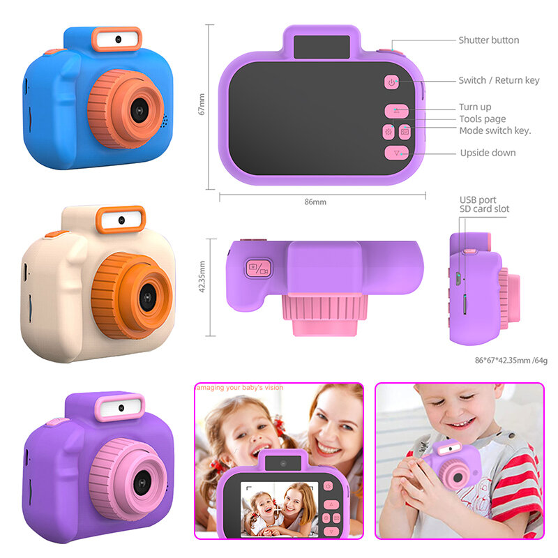 الكرتون الطفل كاميرا تعليمية 2 بوصة HD IPS شاشة كاميرا رقمية هدية عيد ميلاد الاطفال كاميرا رقمية USB شحن مع الحبل