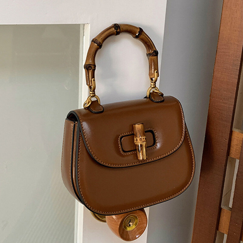 Bamboo Bag Women's Genuine Leather Saddle Bags Lock Niche Design Luxury Hand Held Shoulder Messenger Bags 9871