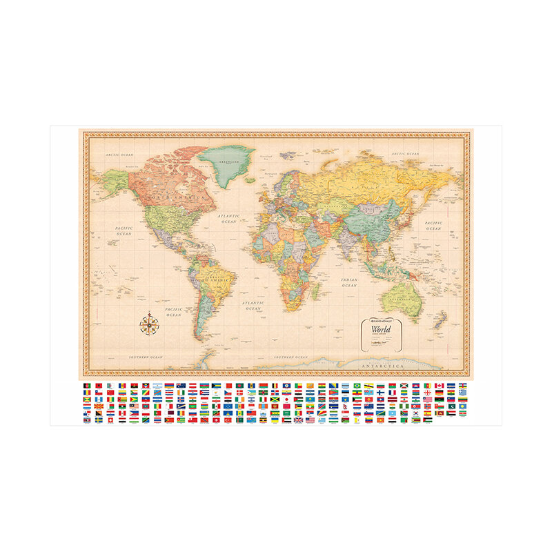 150*100cm The Retro World Map with National Flags Wall Art Poster Non-woven Canvas Painting School Supplies Classroom Home Decor