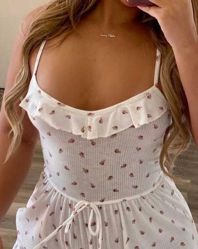 Ditsy Floral Print Ruffle Hem Adult Onesie Simple Sleeveless Square Neck Tank Short Jumpsuit Girl's Home Suit Comfortable #2