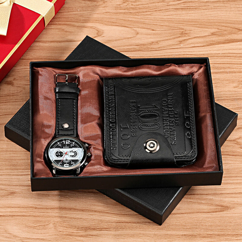 ساعة رجالي مجموعة عالية الجودة محفظة جلدية حزام بسيط الهاتفي موضة ساعات كوارتز هدية صندوق هدايا عيد ميلاد لصديقها الزوج
