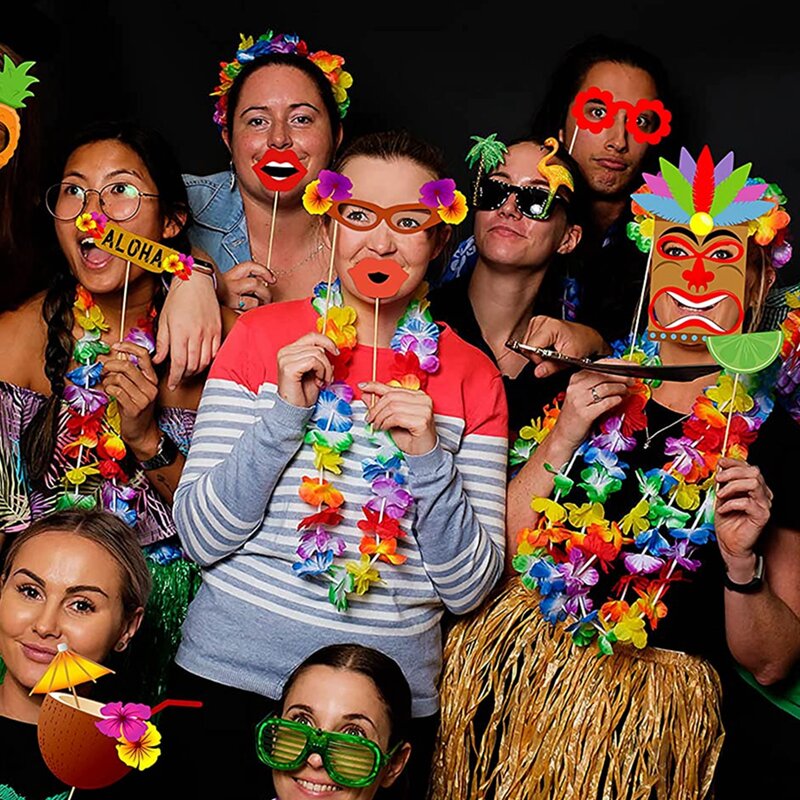 Photo Booth Props Kit Hawaiian Luau Tropical Beach Summer Pool Party Decorations Wedding Photobooth Kids Birthday Party Supplies