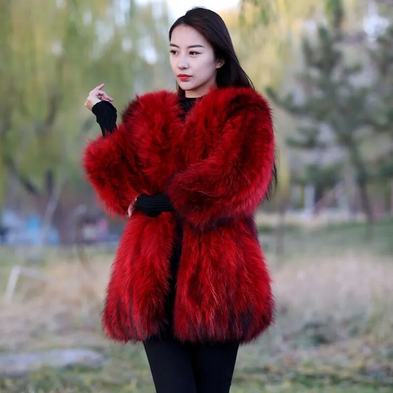 Haining's New Fox Fur Women's Coat Mid-length 2022 New Raccoon Fur Temperament Coat Winter Fur All-in-one V-neck Coat WomenTide #3