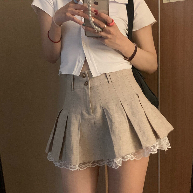 اليابان مثير الدانتيل مطوي تنورة المرأة 2023 الصيف جديد منفوش ألف خط تنورة قصيرة الكورية الرجعية المرأة عادية تنورة قصيرة Y2K الطرف