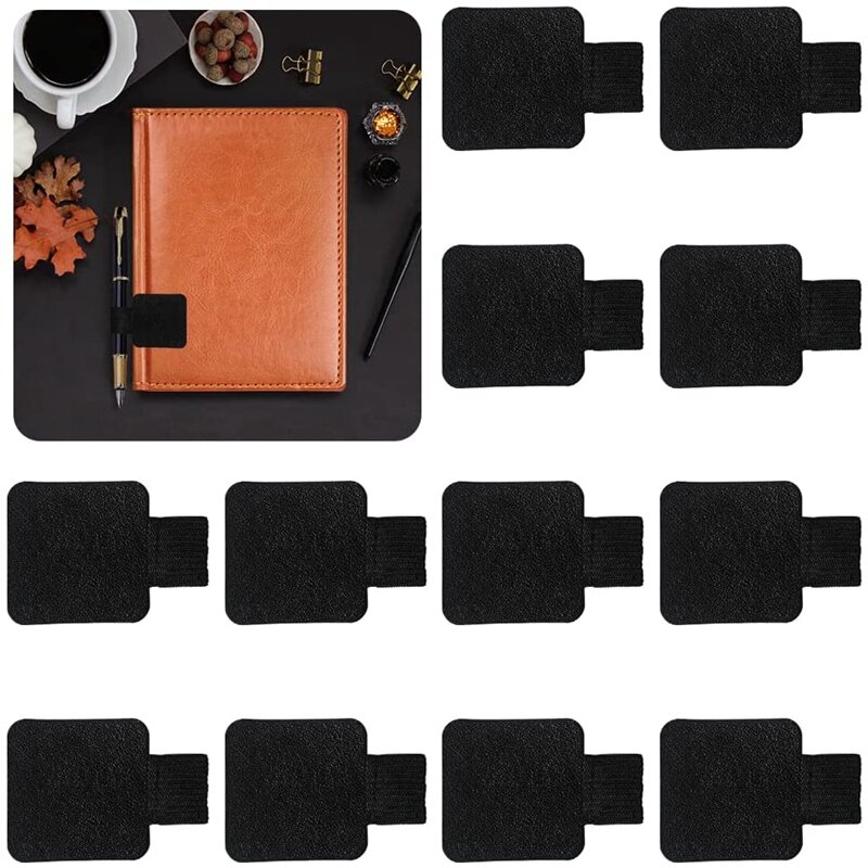 12 Pcs Black Self-Adhesive Pen Holder With Elastic Band Loop Artificial Leather Pencil Stylus Loop Holder