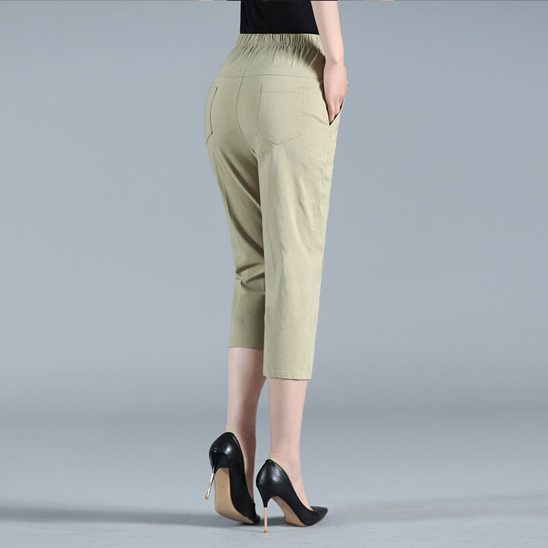 2022 Summer Women Thin Capris Pants New Elastic High Waist Straight Pants Loose Middle-aged Female Casual Solid Baggy Pants