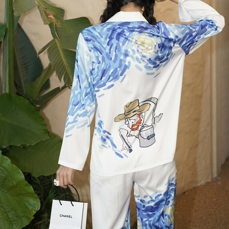 New ice silk pajamas women's heart bird print long-sleeved two-piece homewear pajamas for women  لانجري مثير