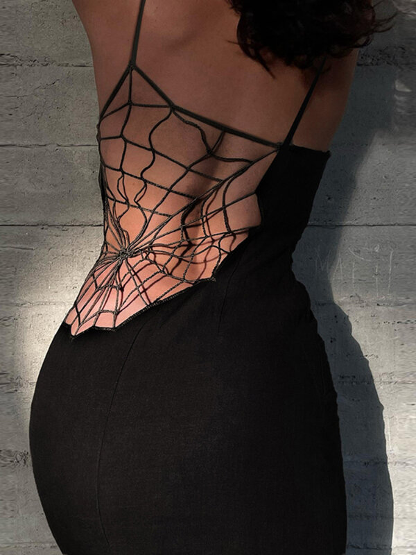YIKUO Summer Midi Dress for Women 2022 Sexy Slim Sleeveless Back Spider Web Pattern Long Dresses Party Night Club Vestidos Black