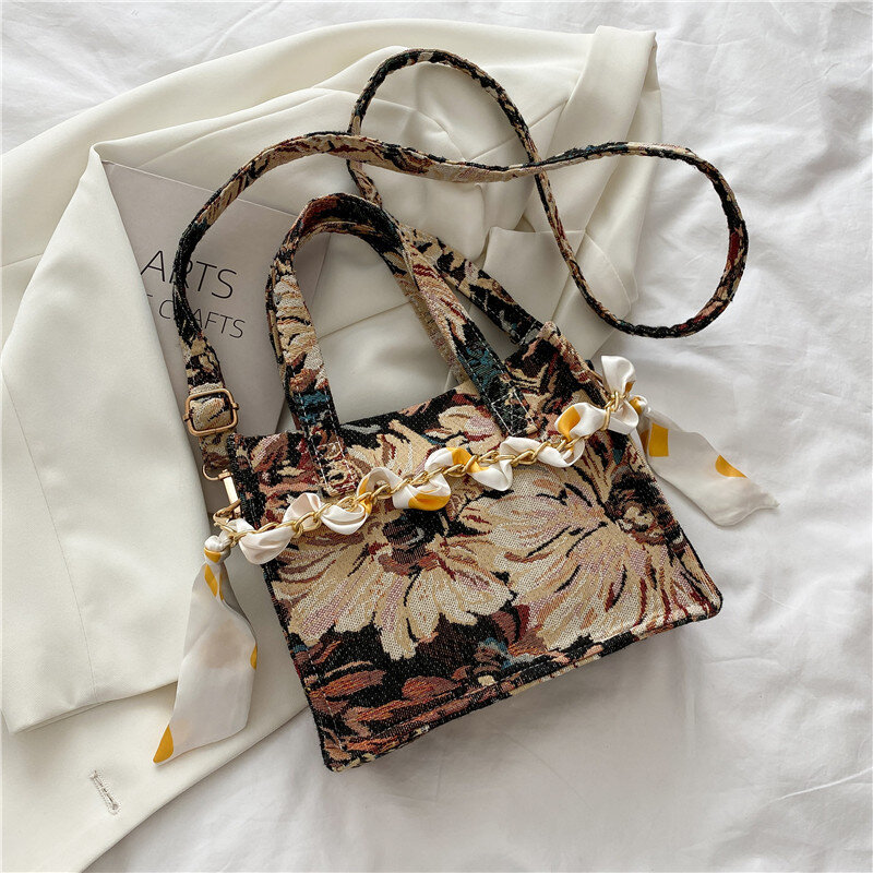 سلسلة صغيرة صندوق مربع حقيبة ساعي الأقلية الصغيرة حقيبة قماش قنب المرأة المحمولة تصميم جديد نسيج الموضة النفط اللوحة