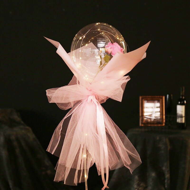 DIY بها بنفسك مصباح ليد مع زهرة الورد بالونات عيد ميلاد الديكور كرات شفافة عيد الحب Led بالون مضيئة باقة الورد