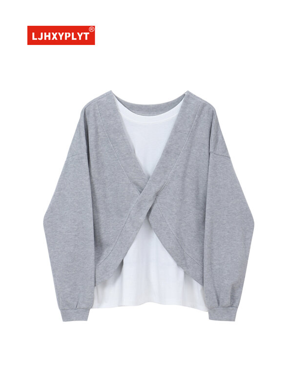 Double-sided Wear Thin Fake Two-piece Sweater Women's Spring And Autumn New Simple Style Long-sleeved Gray Pullover Top Female