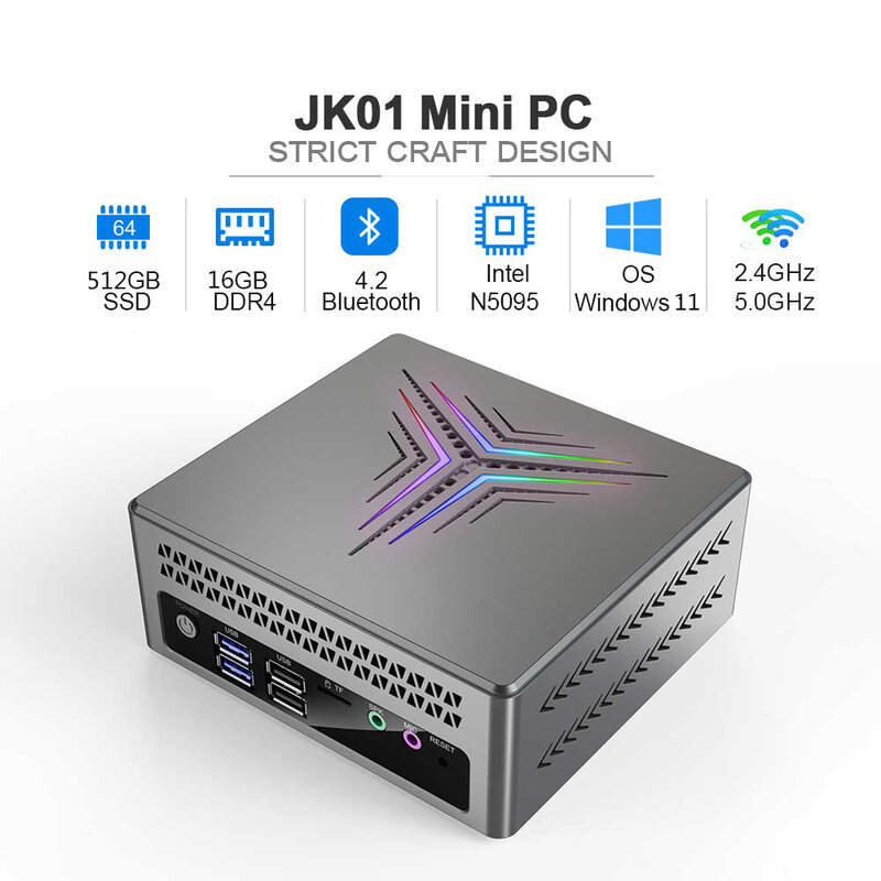 ويندوز 11Pro كمبيوتر مصغر JK01 إنتل N5095 16GB DDR4 512GB واي فاي بلوتوث HD-MI VGA سطح المكتب LAN متوافق ثلاثة شاشة الألعاب