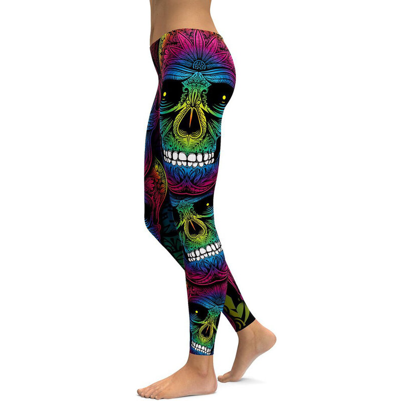 S-4XL Skull Print Summer Slim Women Leggings Mid Waist Fitness Workout Yoga Pants Drop Shipping