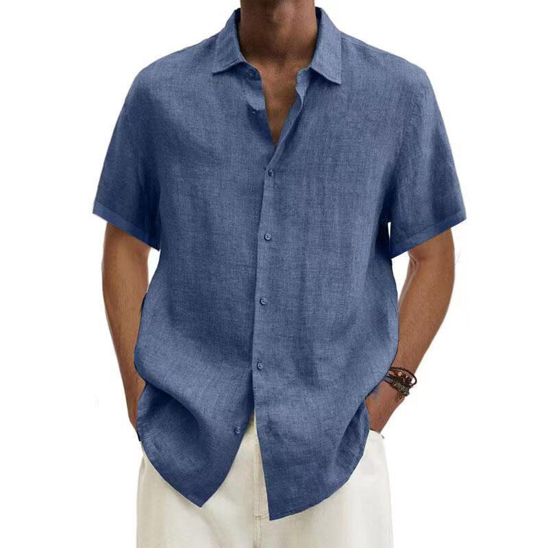 الرجال قصيرة الأكمام القطن الكتان قمصان الصيف بلون بدوره إلى أسفل طوق الشاطئ نمط رداء علوي غير رسمي حجم كبير