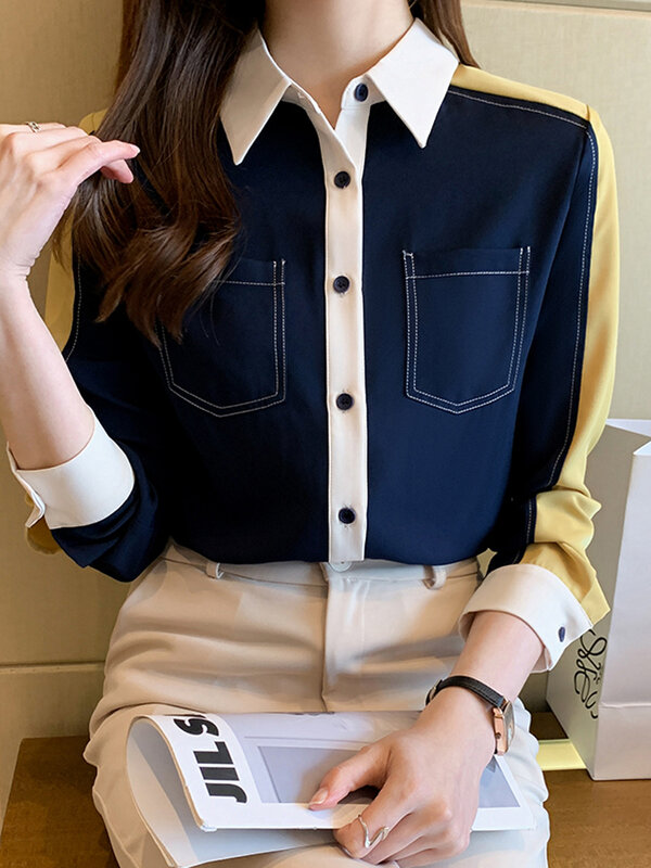 الشيفون قميص المرأة البلوزات السيدات ملابس العمل الصدر التباين اللون موضة اللون مطابقة طويلة الأكمام بلوزة 2022