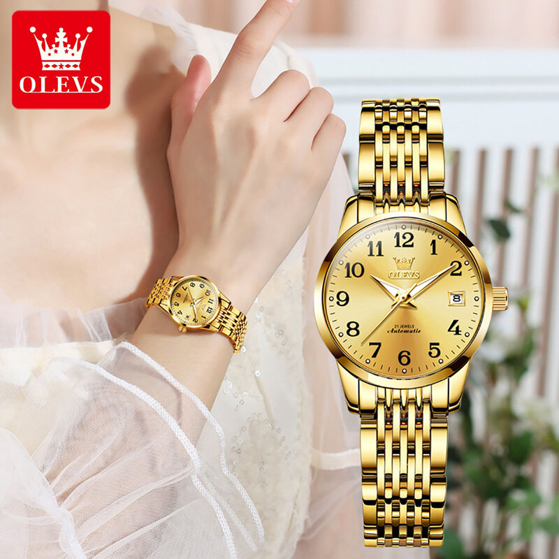 OLEVS أفضل العلامة التجارية الميكانيكية ساعة النساء السويسري الفاخرة النساء ساعة اليد مقاوم للماء الصلب حزام التلقائي ساعات آلية هدية