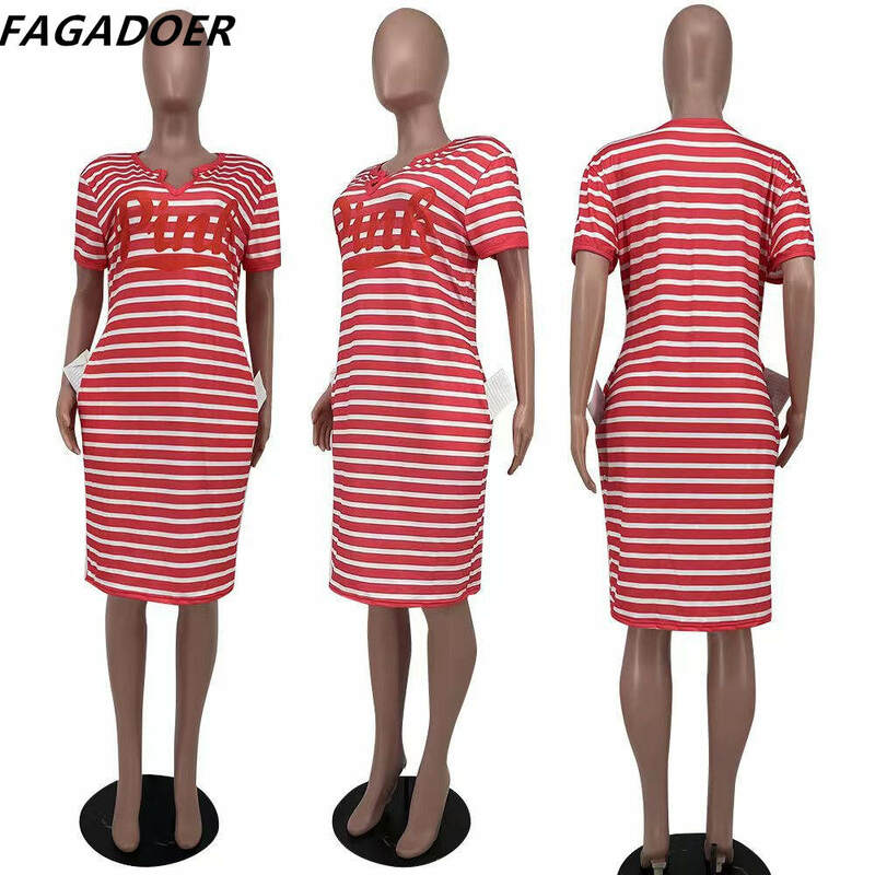 FAGADOER Women Stripe Print V Neck Dress Summer PINK Letter Short Sleeve Loose Knee Dresses Summer Streetwear Vestidos Plus Size