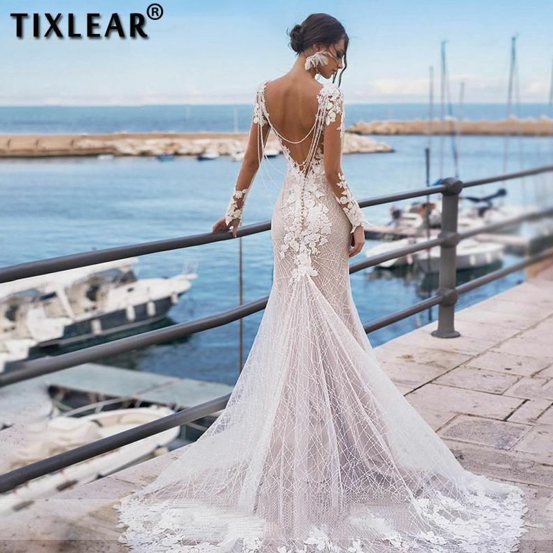 فساتين زفاف بحورية البحر بأكمام طويلة مزينة بالترتر TIXLEAR Bling فستان زفاف مثير لؤلؤي من الخلف للنساء للزواج
