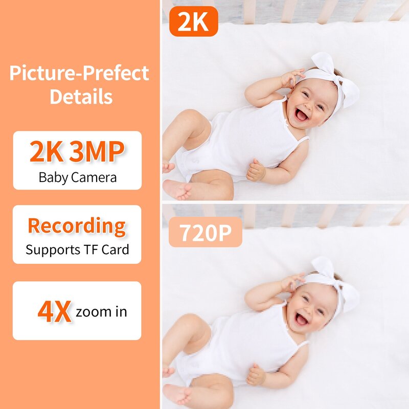 جهاز مراقبة الأطفال الإلكتروني كاوا 2K مع كاميرا مراقبة مربية فيديو محمول إنتركوم بطاقة TF تسجيل 1000 قدم