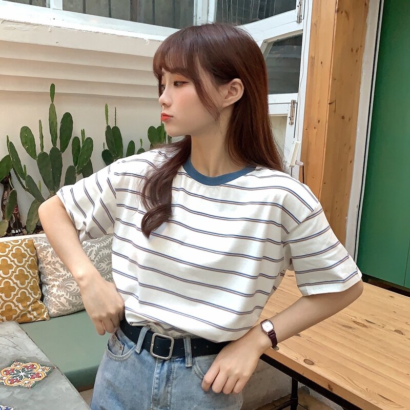 الكورية المرأة تي شيرت مخطط الجولة الرقبة قصيرة الأكمام قميص المعتاد الرجعية المحملة فتاة حلوة #5