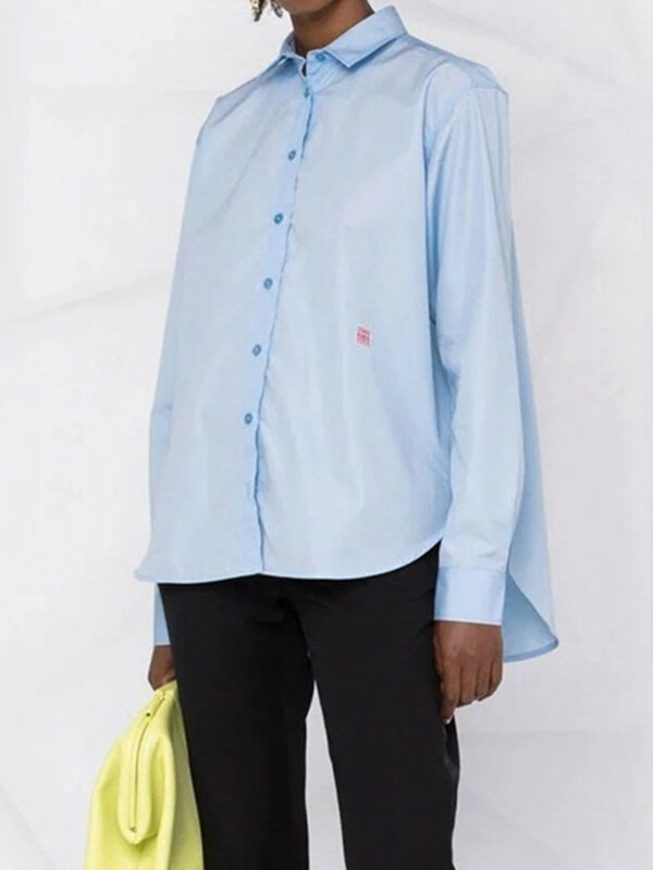ربيع 2023 جديد شعار التطريز صورة ظلية قميص المرأة بدوره إلى أسفل طوق فضفاض كم طويل بسيط مكتب سيدة بلوزة