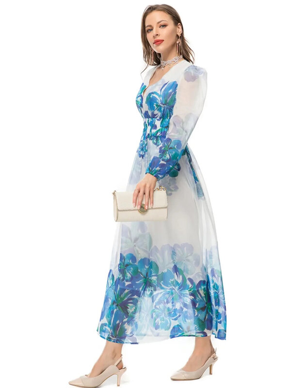 DLDENGHAN الربيع الصيف المرأة فستان طويل الخامس الرقبة فانوس كم الأزرق الزهور طباعة مرونة الخصر فساتين البوهيمي موضة جديدة #4