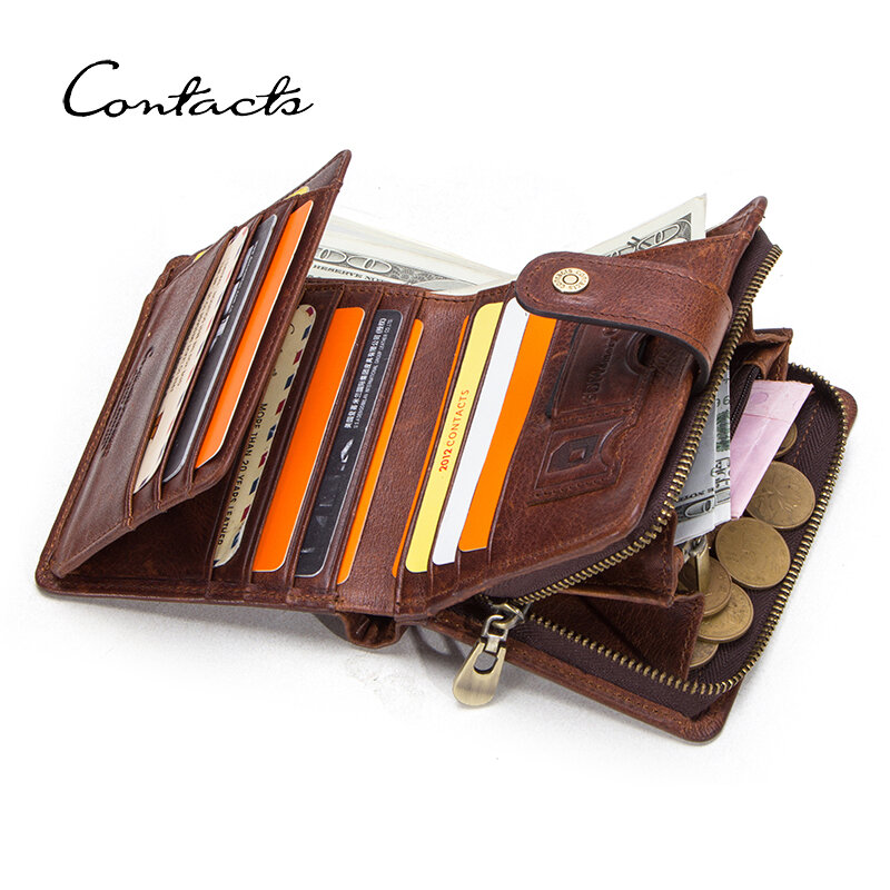 CONTACT'S جلد طبيعي محافظ للرجال قصيرة ثلاثية أضعاف محفظة رجالية عادية فاخرة العلامة التجارية البريدي محفظة للعملة حاملي بطاقة المال كليب