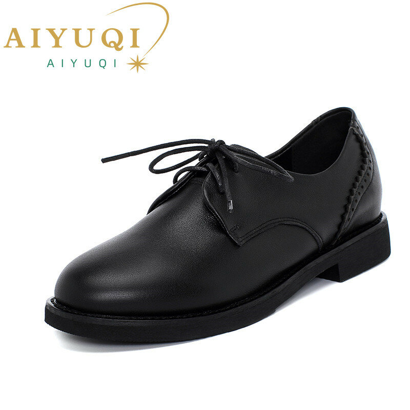 AIYUQI 2022 الخريف جديد جلد طبيعي أحذية نسائية جولة تو النمط البريطاني موضة أحذية نسائية الدانتيل متابعة أحذية السيدات
