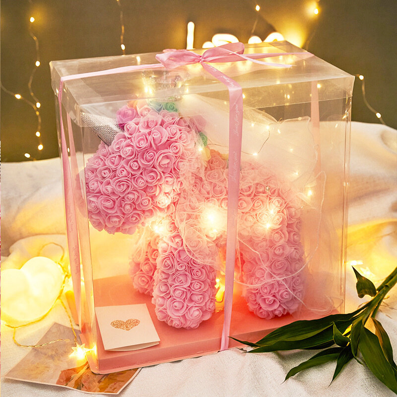 عيد الحب هدية لصديقة الزهور الاصطناعية الدب الوردي يونيكورن رغوة بلاستيكية ارتفع تيدي بير حفلة عيد ميلاد الديكور