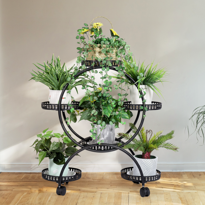 6 Pot Metal Plant Stand Multi-Layer Plant Holder Flower Pot Rack with Wheels for Garden Yard Indoor Outdoor #3
