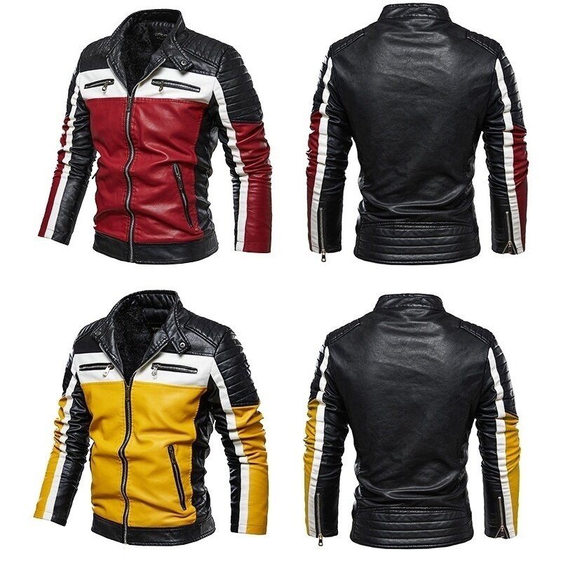 Men Yellow PU Leather Jacket Patchwork Biker Jackets  Casual Zipper Coat Male Motorcycle Jacket Slim Fit Fur Lined Outwear Coat
