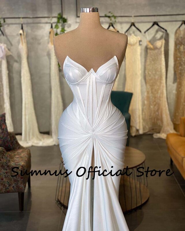 Sumnus رائع أبيض حورية البحر فساتين الزفاف طيات الحبيب مثير الجبهة سبليت فستان عروس الزفاف مع ذيل فستان زفاف 2023 #3