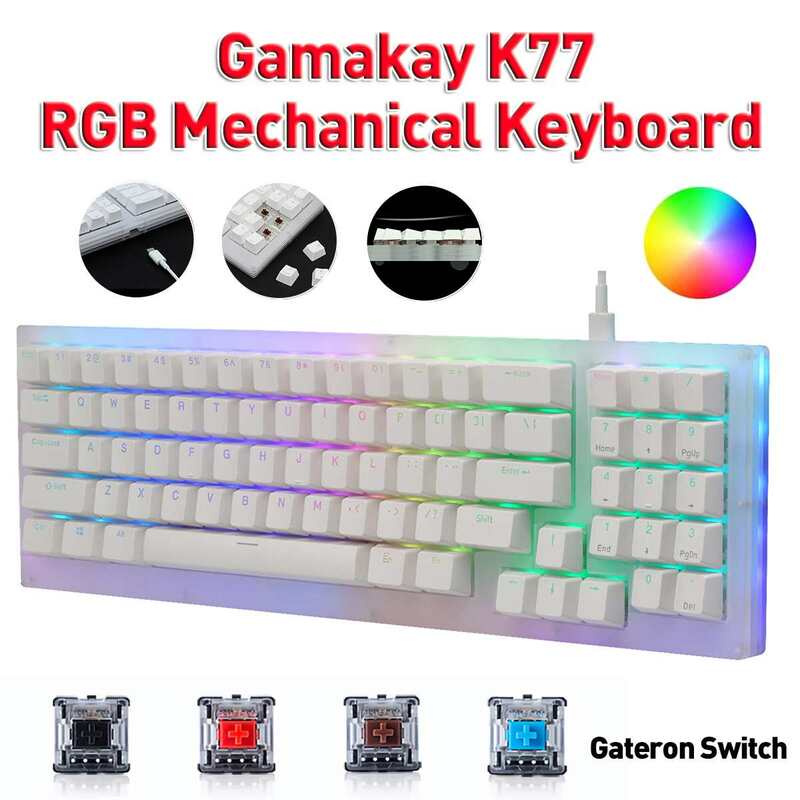 لوحة مفاتيح الألعاب الميكانيكية Gamakay K77 77 مفاتيح قابلة للتبديل مزودة بمفتاح Gateron سلكي RGB Tyce-C قاعدة زجاجية شفافة 32K ROM