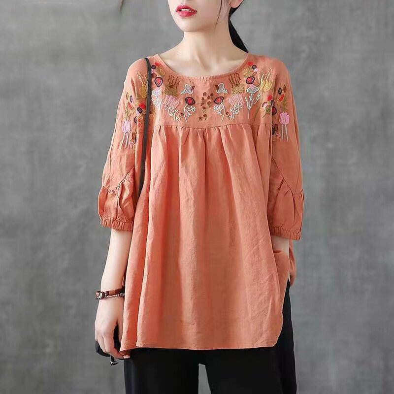 Retro Embroidery Round Neck Short Sleeve T-Shirt  Loose Women's Top New Cotton Linen Shirt Chinese Traditional Clothing Hanfu