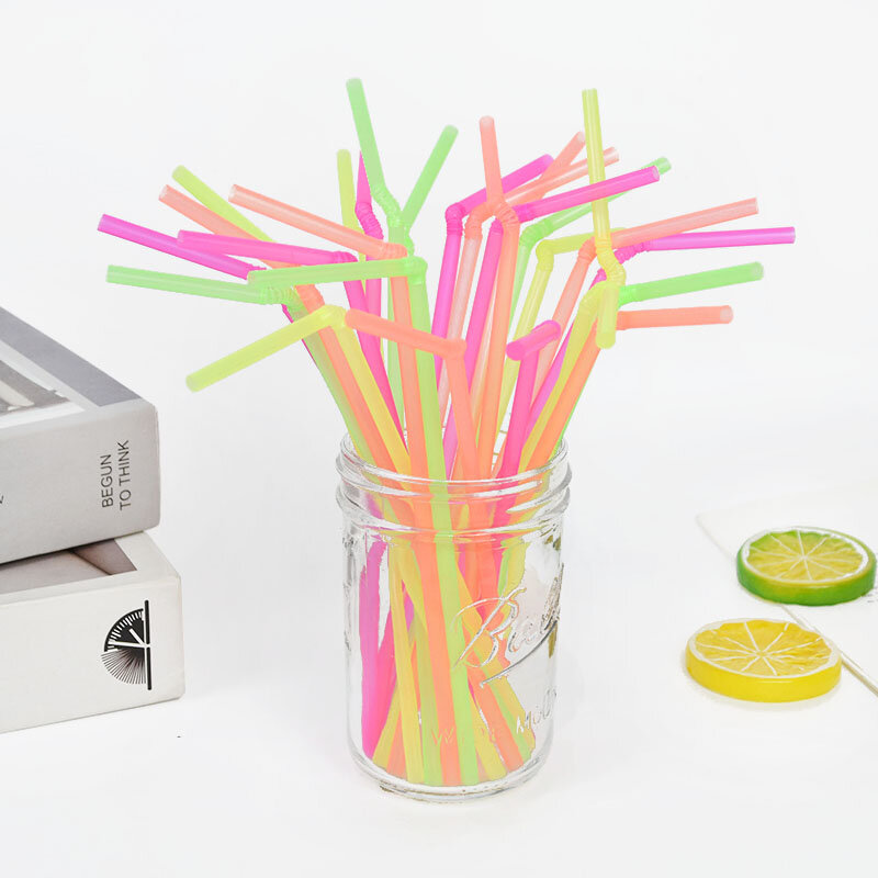 100 Pcs Color Disposable Plastic Straws Fluorescence Bendable Cocktail Drinking Straw Hawaiian Wedding Party Bar Supplies Tubes