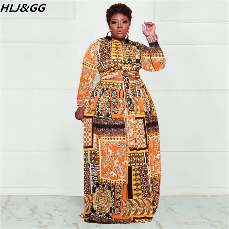 HLJ & GG موضة الأفريقية طباعة قطعتين مجموعات النساء حجم كبير ملابس عادية أنثى كم طويل ضمادة المحاصيل بلوزات و تنورة الزي