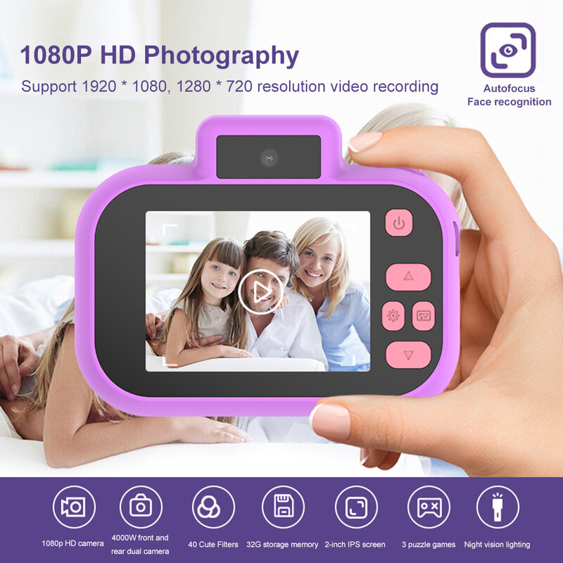 عالية الوضوح 4000 واط الجبهة الخلفية كاميرا مزدوجة 2 بوصة HD IPS شاشة رقمية الاطفال كاميرا USB شحن مع الحبل لعب الأطفال