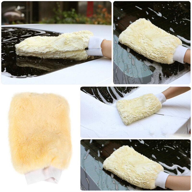1pair 23 X 15cm Car Wash Cleaning Gloves Tool Light Yellow Imitation Wool Car Wash Mitt Double Side Superfine Fiber