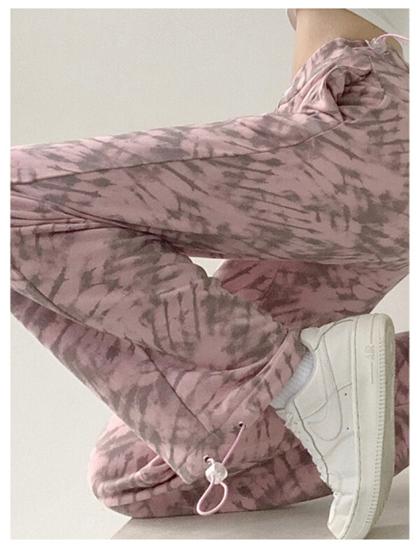الخصر السراويل العصرية فضفاضة مستقيم الوردي Sweatpants المرأة الربيع والخريف موضة جديدة السراويل الرياضية الإناث الترفيه بنطلون