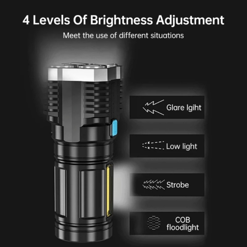الأضواء أربعة العين مصباح يدوي قوي USB قابلة للشحن مصباح يدوي الأضواء المحمولة طويلة المدى النار Cob مصباح يدوي