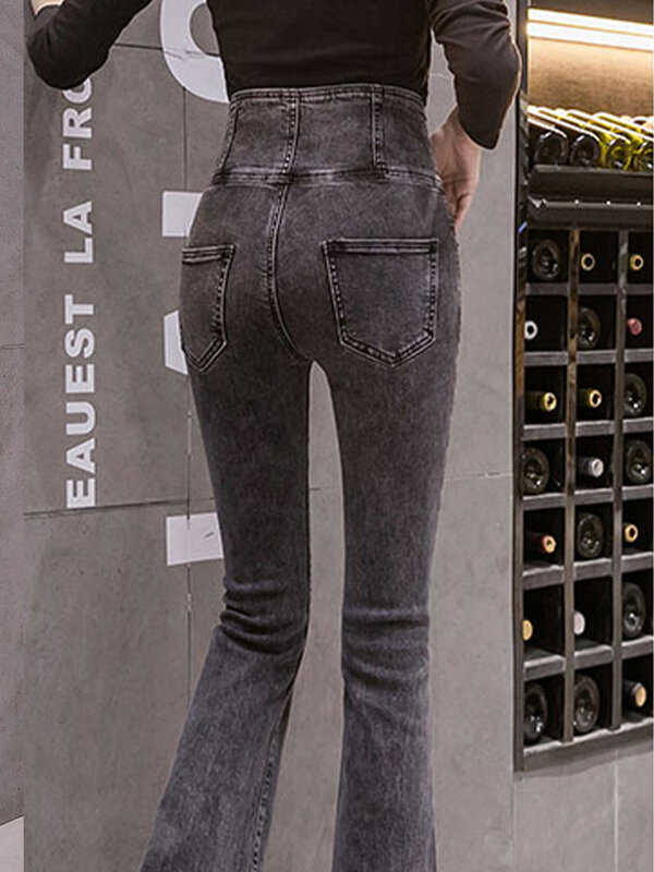 موضة جينز نسائي موضة خريف 2020 سراويل جديدة عالية الخصر للتخسيس بتصميم عتيق سترتش ثنى متوهج ملابس نسائية كورية