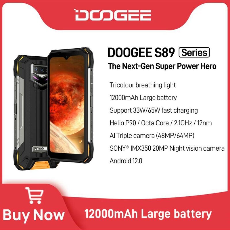 الهاتف الذكي العالمي الأول من سلسلة DOOGEE S89 المتين 6.3 "48 / 64MP الكاميرا 8 + 128GB / 256GB الهاتف الذكي 33W / 65W سريع الشحن 12000mAh Android 12 Phone Helio P90 20MP Night Vision Camera NFC Global Version الهاتف ا