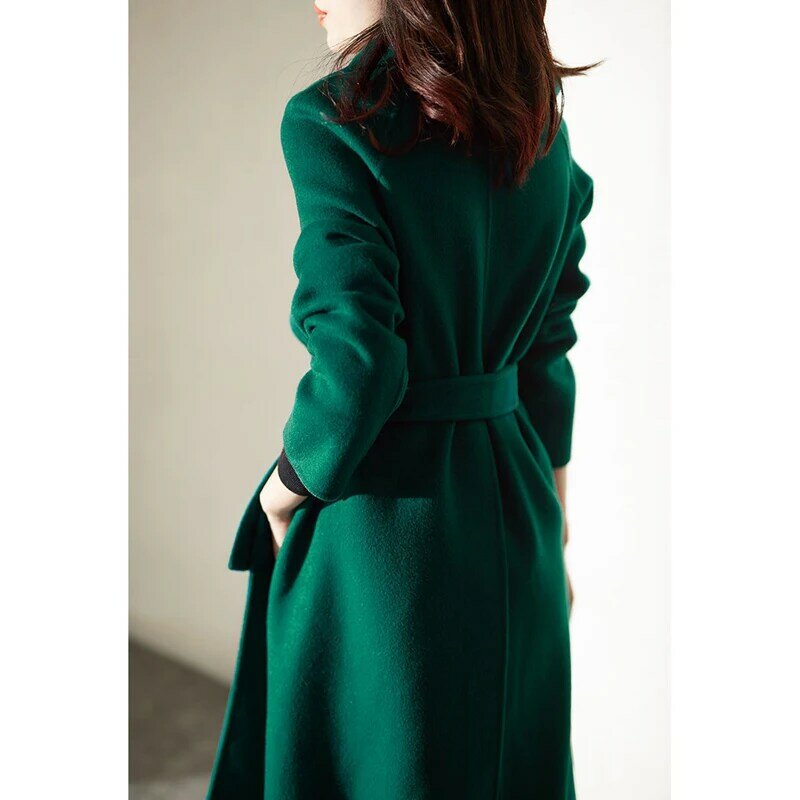 خريف شتاء جديد المرأة معطف الصوف خمر مع حزام دافئ الكورية قسط الأخضر مزيج سترة أنيقة معطف الشتاء