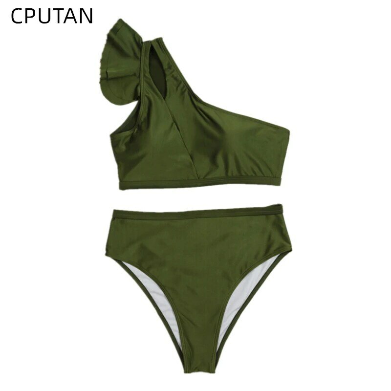 2021 جديد ملابس السباحة النساء 2 قطع عالية الخصر كشكش ملابس السباحة الأخضر الصلبة مجموعة البكيني قبالة الكتف لباس سباحة ملابس الصيف الشاطئ