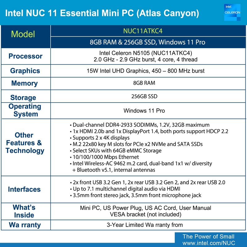 حاسوب صغير من Intel NUC 11 موديل رقم artic11atkc4 أطلس كانيون سيليرون N5105 (حتى 2.90 جيجاهرتز) ويندوز 11 برو UHD جرافيكس بلوتوث v5.1 ثنائي DDR4